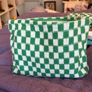 Large Green & White Checkered Knit Cosmetic Pouch